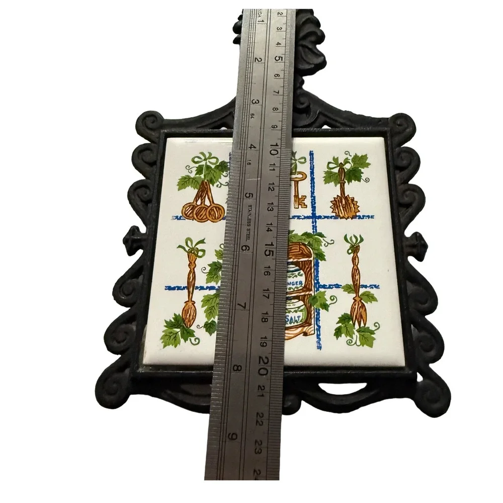 VTG Cherry MCM Ceramic Tile Cast Iron Trivet Kitchen Japan Excellent Condition!
